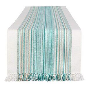 Teal Cotton Table Runner Fringed Stripe 14x72 Inch Dining Table Kitchen Decor
